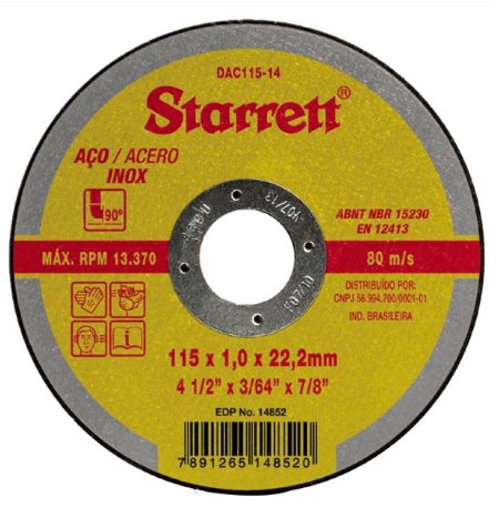 Disco de Corte Aço Inox 115x1,0x22,2 mm 4. 1/2" - Starrett.