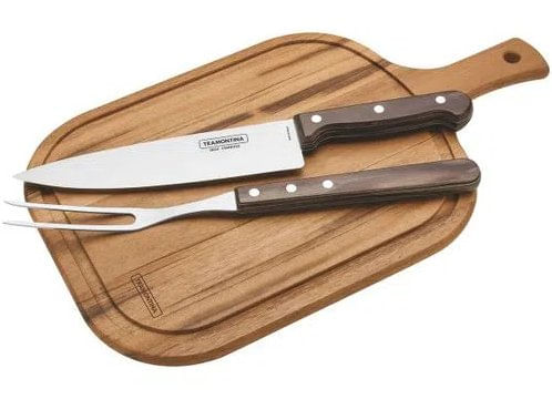 Kit para Churrasco em Aço Inox Cabo Castanho Polywood com Tábua de Madeira 3 Peças - Tramontina.