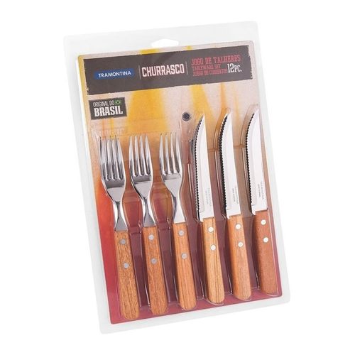 Jogo de Talheres para Churrasco com Lâminas em Aço Inox e Cabos de Madeira Natural 12 Peças - Tramontina.