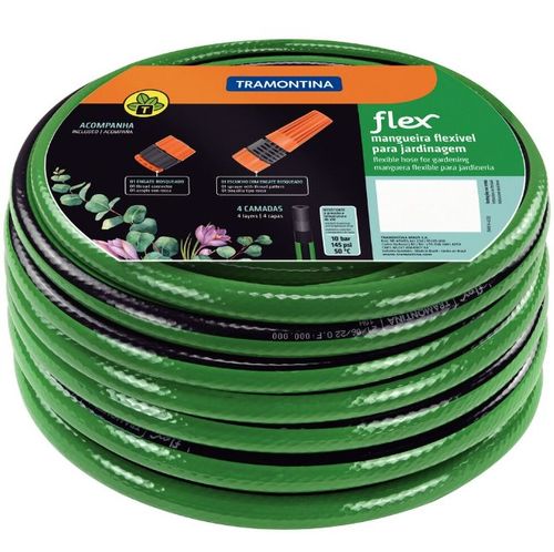 Mangueira Flex para Jardim em PVC 4 Camadas com Engate Rosqueado e Esguicho 30m Verde com Faixa Preta - Tramontina.