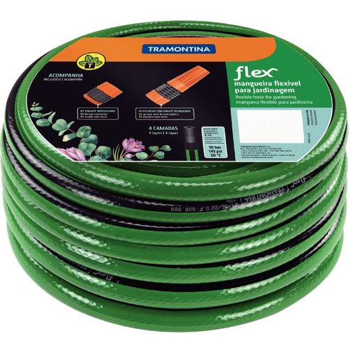 Mangueira Flex para Jardim em PVC 4 Camadas com Engate Rosqueado e Esguicho 10m Verde com Faixa Preta - Tramontina.