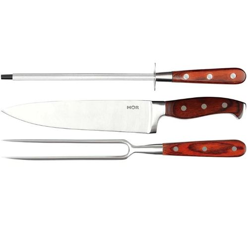 Conjunto de Faca 8"", Garfo e Chaira em Aço Inoxidável e Cabo em Madeira Steel 003945 - Mor.