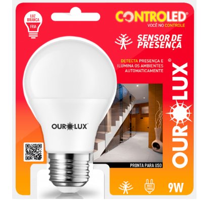 Lâmpada Inteligente Controled Sensor de Presença 9W 6.500K - Ourolux.