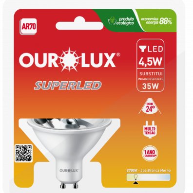 Lâmpada Superled AR70 4,5W Bivolt GU10 2700K 24° - Ourolux.