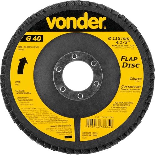 Disco de Desbaste Flap Cônico 4.1/2 G40 Com Fibra - Vonder