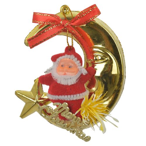 Enfeite Papai Noel na Lua Vermelho com Dourado 7cm - Florarte